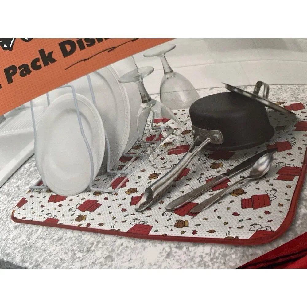 2 Pack Snoopy Peanuts Doghouse Turkey Fall Leaves Dish Drying Mats‎ 16 X 18” NEW